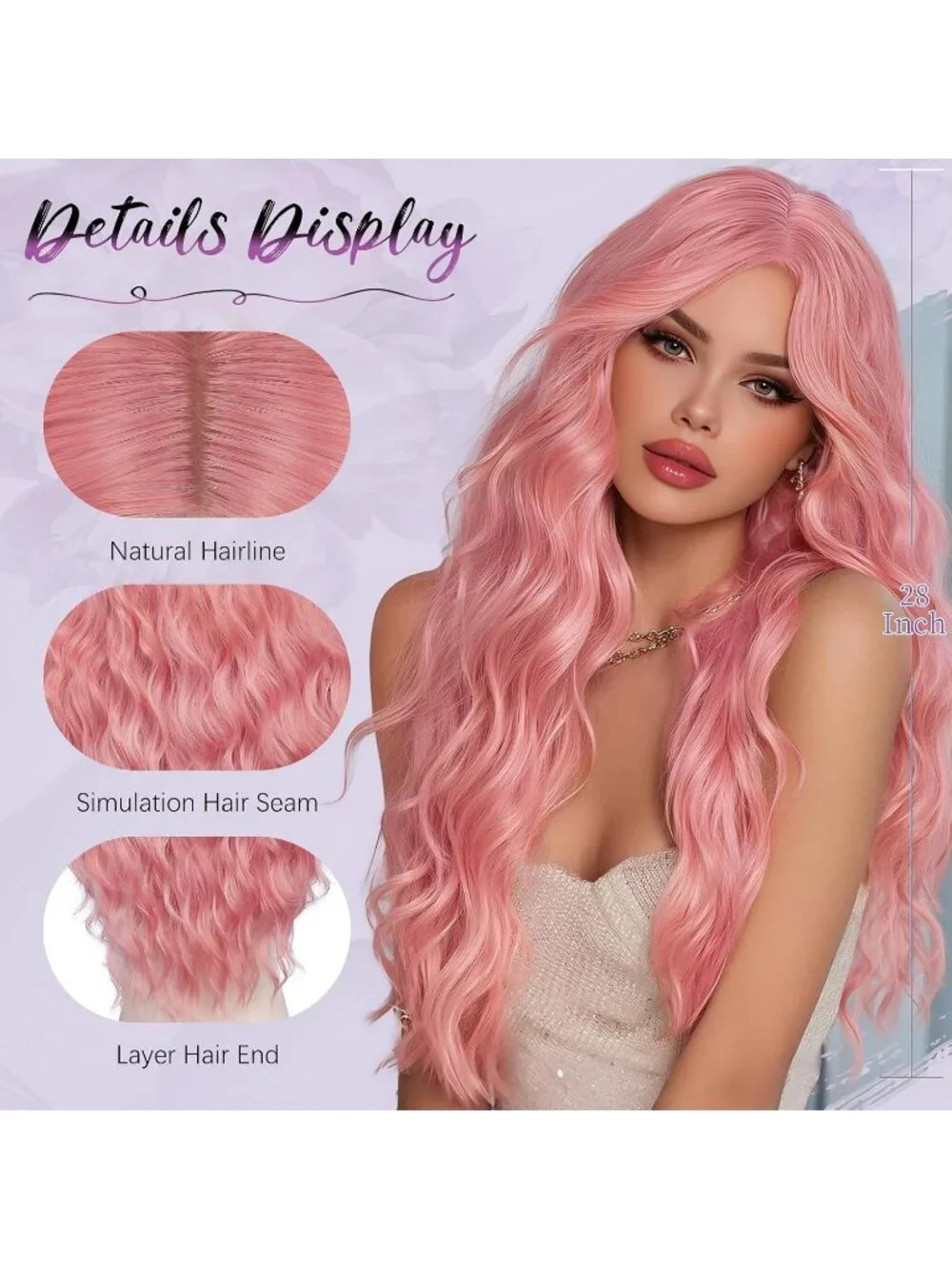 Women's Light Pink 28 Inch Lace Front Soft Synthetic Long Wavy Curly Wigs